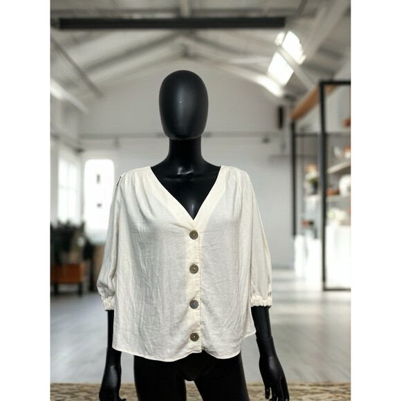 NWOT TRF ZARA Blouse Sz XSmall‎ Linen Blend Puff Sleeve Iridescent Shell Buttons - Picture 2 of 9
